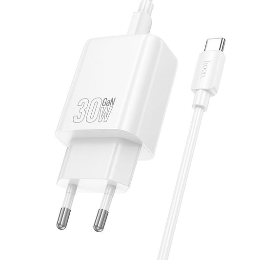 Nettlader med USB-C-kabel HOCO N62, 30W, 3A, 1 x USB-C, Hvit