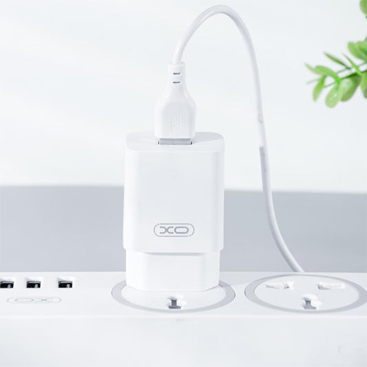 Nettlader med microUSB-kabel XO Design L99, 12W, 2.4A, 1 x USB-A, Hvit