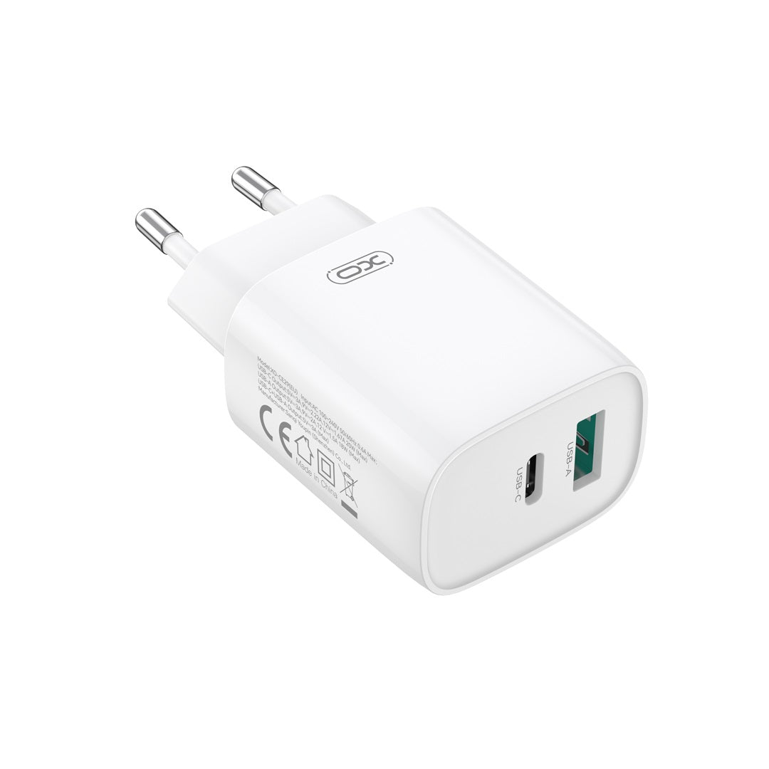 Nettlader med USB-C-kabel XO Design CE29, 20W, 3A, 1 x USB-A - 1 x USB-C, Hvit