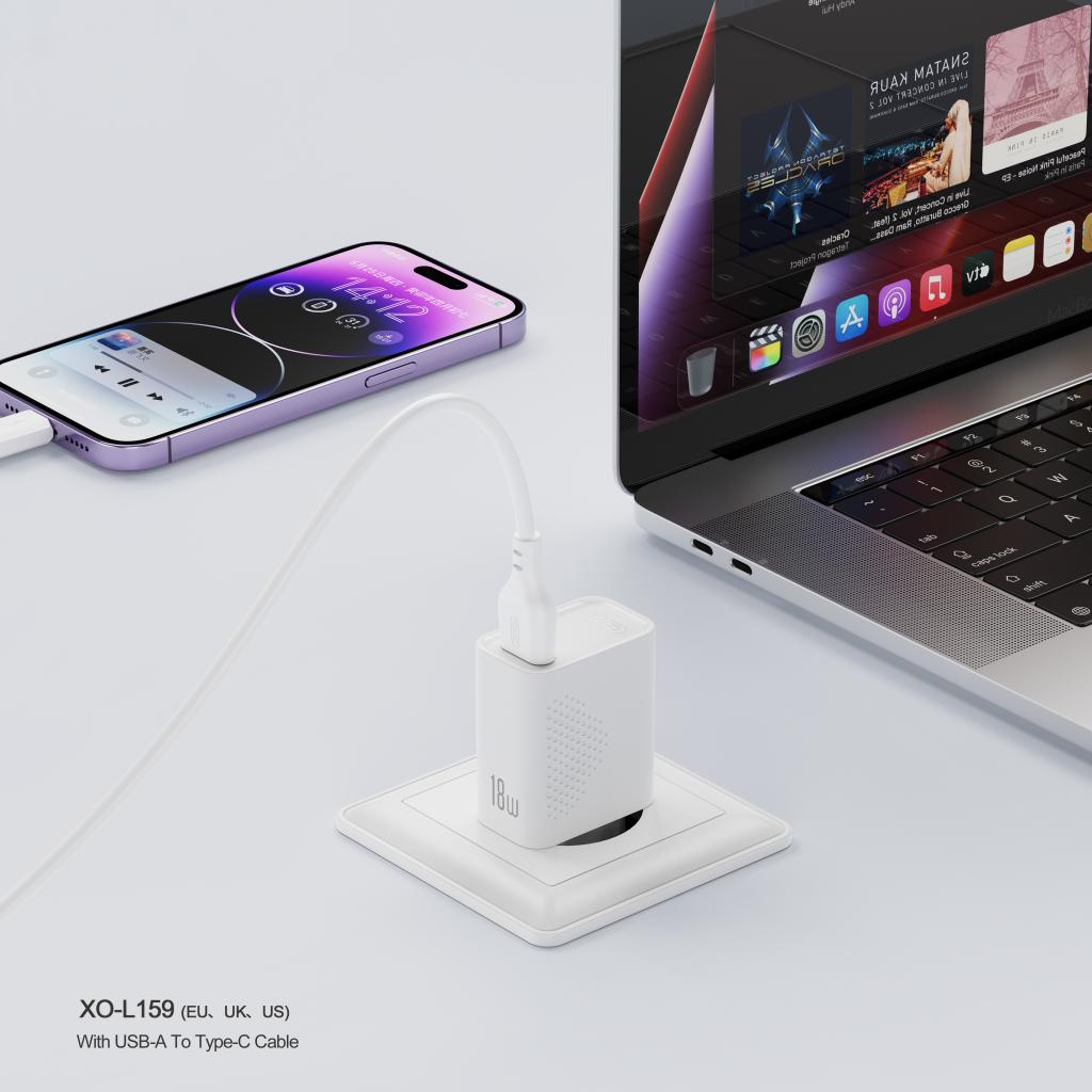 Nettlader med USB-C-kabel XO Design L159, 18W, 3A, 1 x USB-A, Hvit