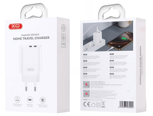 Nettlader med Lightning-kabel XO Design CE34, 12W, 2.4A, 2 x USB-A, Hvit