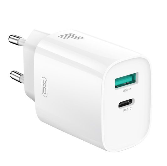 Nettlader med Lightning-kabel XO Design CE30, 30W, 3A, 1 x USB-A - 1 x USB-C, Hvit