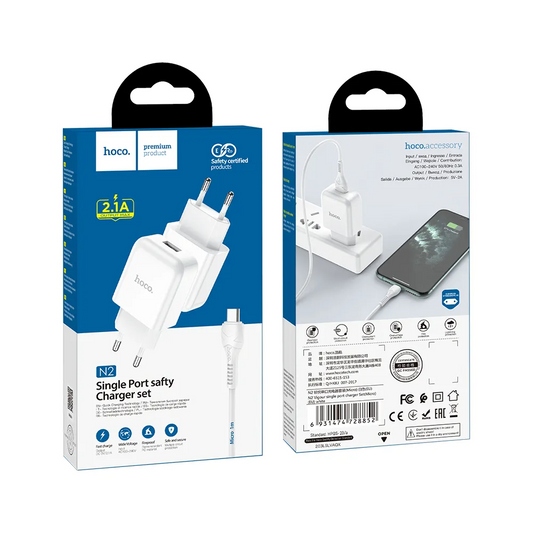 Nettlader med microUSB-kabel HOCO N3, 18W, 3A, 1 x USB-A, Hvit