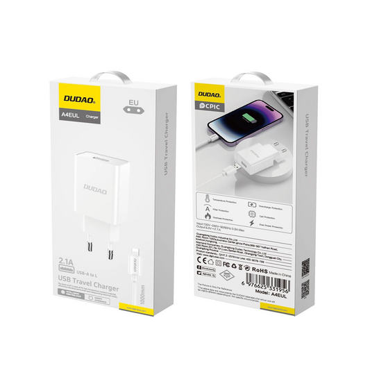 Nettlader med Lightning-kabel Dudao A4EU, 10W, 2.1A, 1 x USB-A, Hvit
