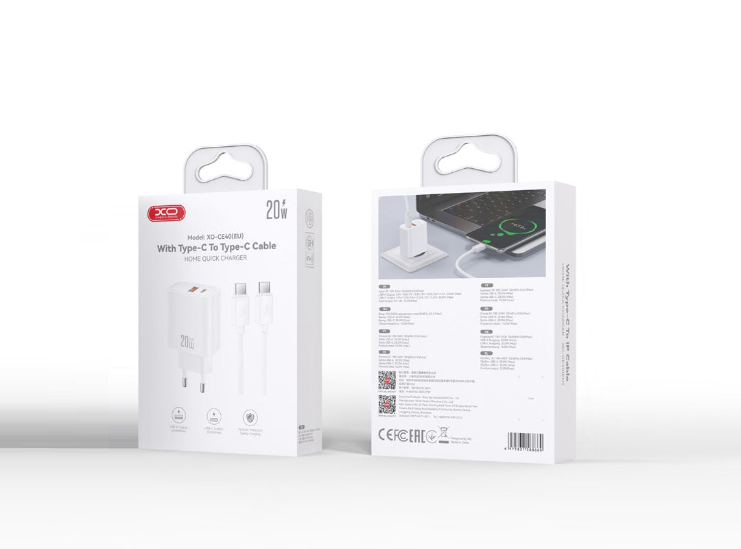 Nettlader med USB-C-kabel XO Design CE40, 20W, 3A, 1 x USB-A - 1 x USB-C, Hvit