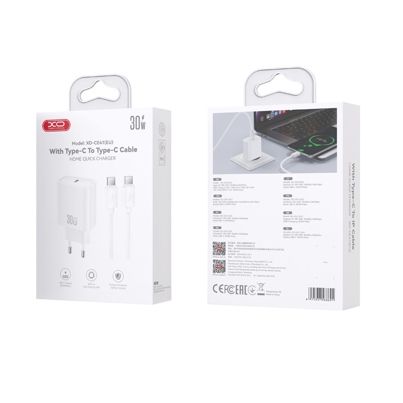 Nettlader med USB-C-kabel XO Design CE41, 30W, 3A, 1 x USB-C, Hvit