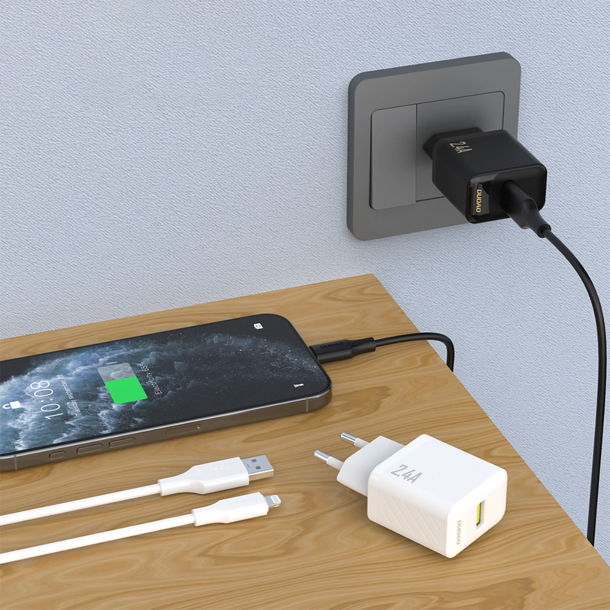 Nettlader med Lightning-kabel Dudao A23LEU, 30W, 2.4A, 1 x USB-A, hvit