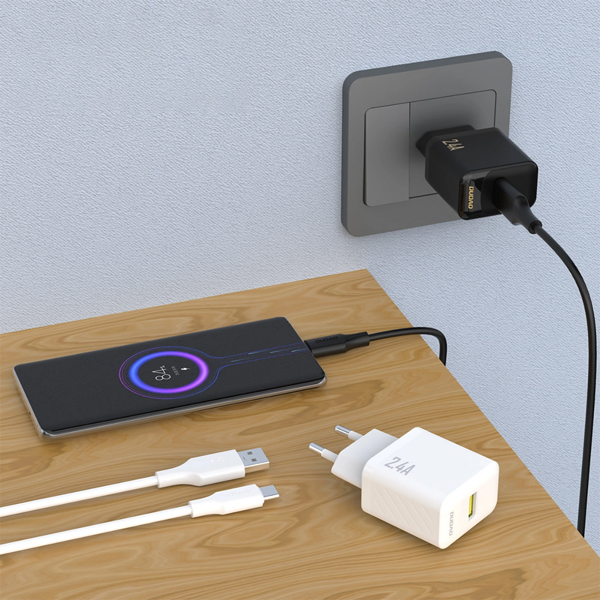 Nettlader med USB-C-kabel Dudao A23TEU, 12W, 2.4A, 1 x USB-A, hvit