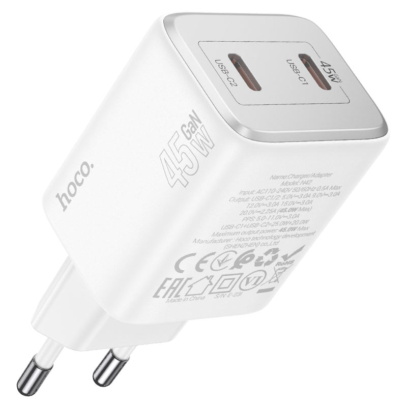 Nettverkslader med lynkabel HOCO N42, 45W, 3A, 2 x USB-C, hvit