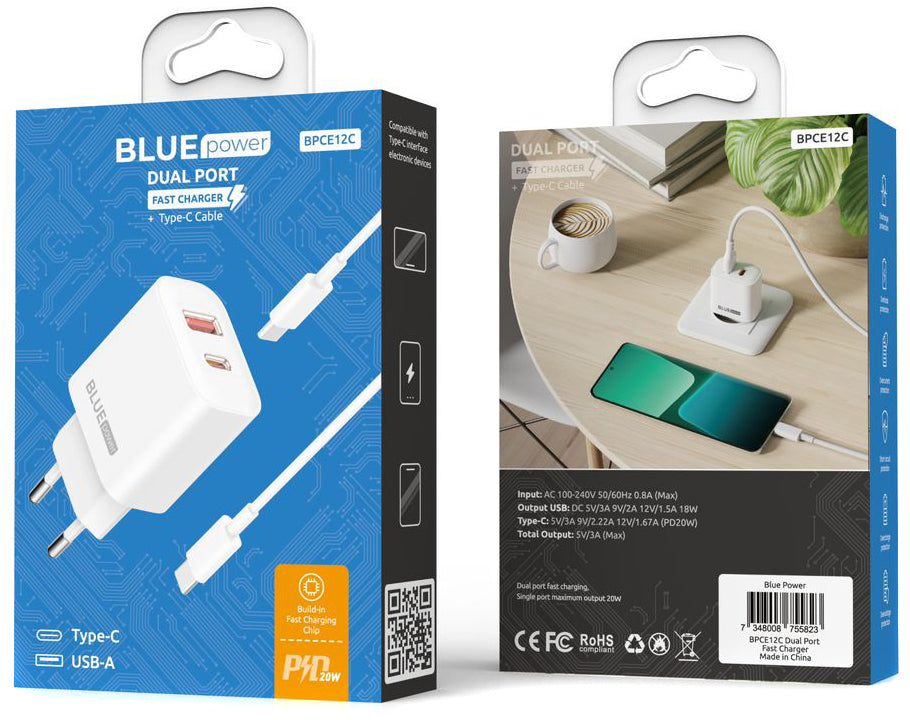 Nettverkslader med USB-C-kabel Blue Power BPCE12C, 20W, 3A, 1 x USB-A - 1 x USB-C, hvit