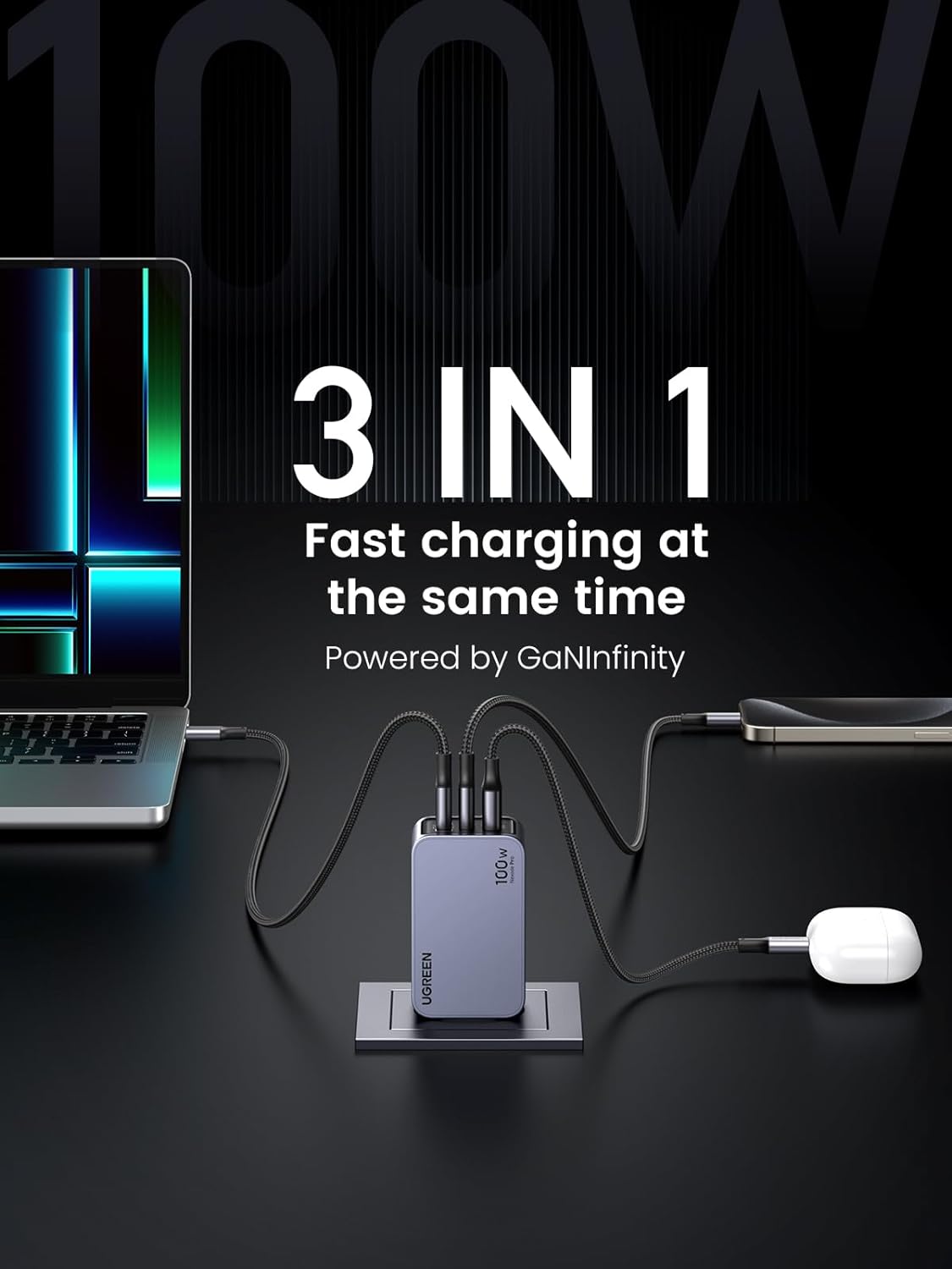 Nexode Pro UGREEN X757 Nexode Pro USB-C-kabel nettverkslader, 100 W, 3 A, 1 x USB-A - 2 x USB-C, grå