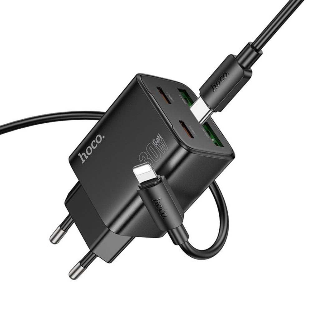 Nettlader med Lightning-kabel HOCO N56, 30W, 3A, 2 x USB-A - 2 x USB-C, Svart