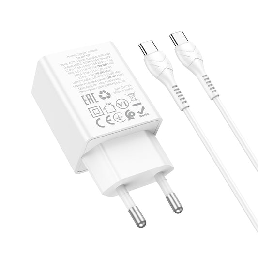 Nettlader med USB-C-kabel HOCO N71, 30W, 3A, 1 x USB-A - 1 x USB-C, Hvit