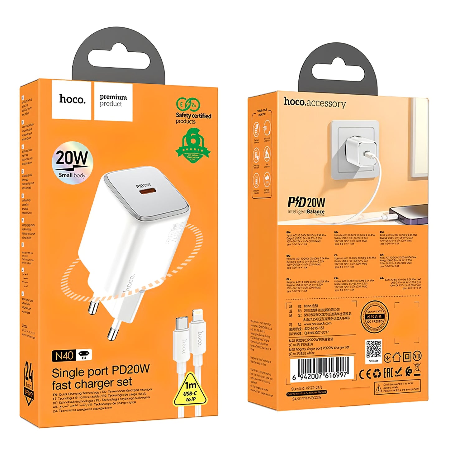 Nettlader med Lightning-kabel HOCO N40, 20W, 3A, 1 x USB-C, Hvit