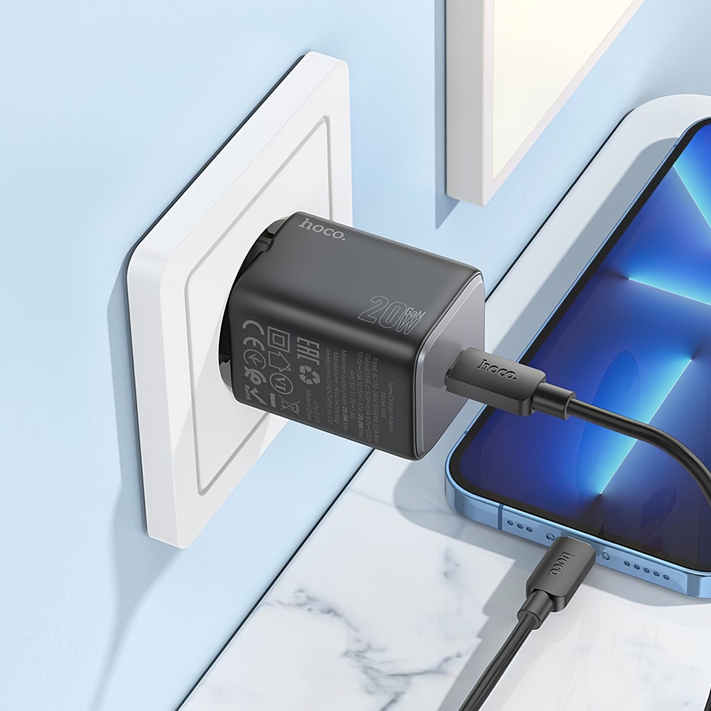 Nettverkslader med lynkabel HOCO N40, 20W, 3A, 1 x USB-C, svart