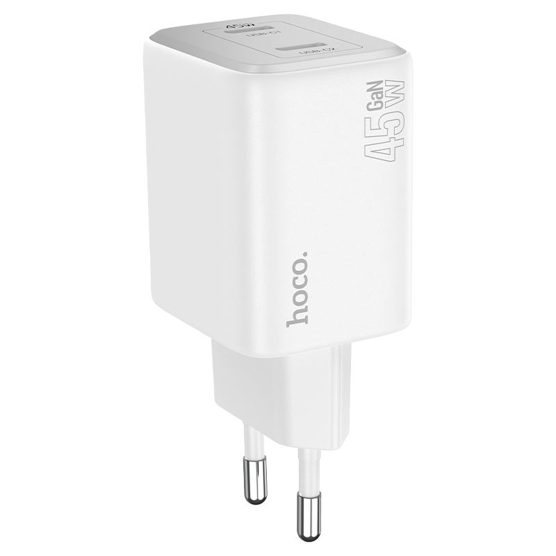 Nettverkslader med lynkabel HOCO N42, 45W, 3A, 2 x USB-C, hvit