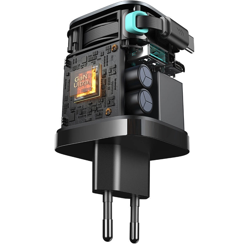 Joyroom JR-TCL02 USB-C nettverkslader med kabel, 65W, 3A, 1 x USB-A - 1 x USB-C, svart