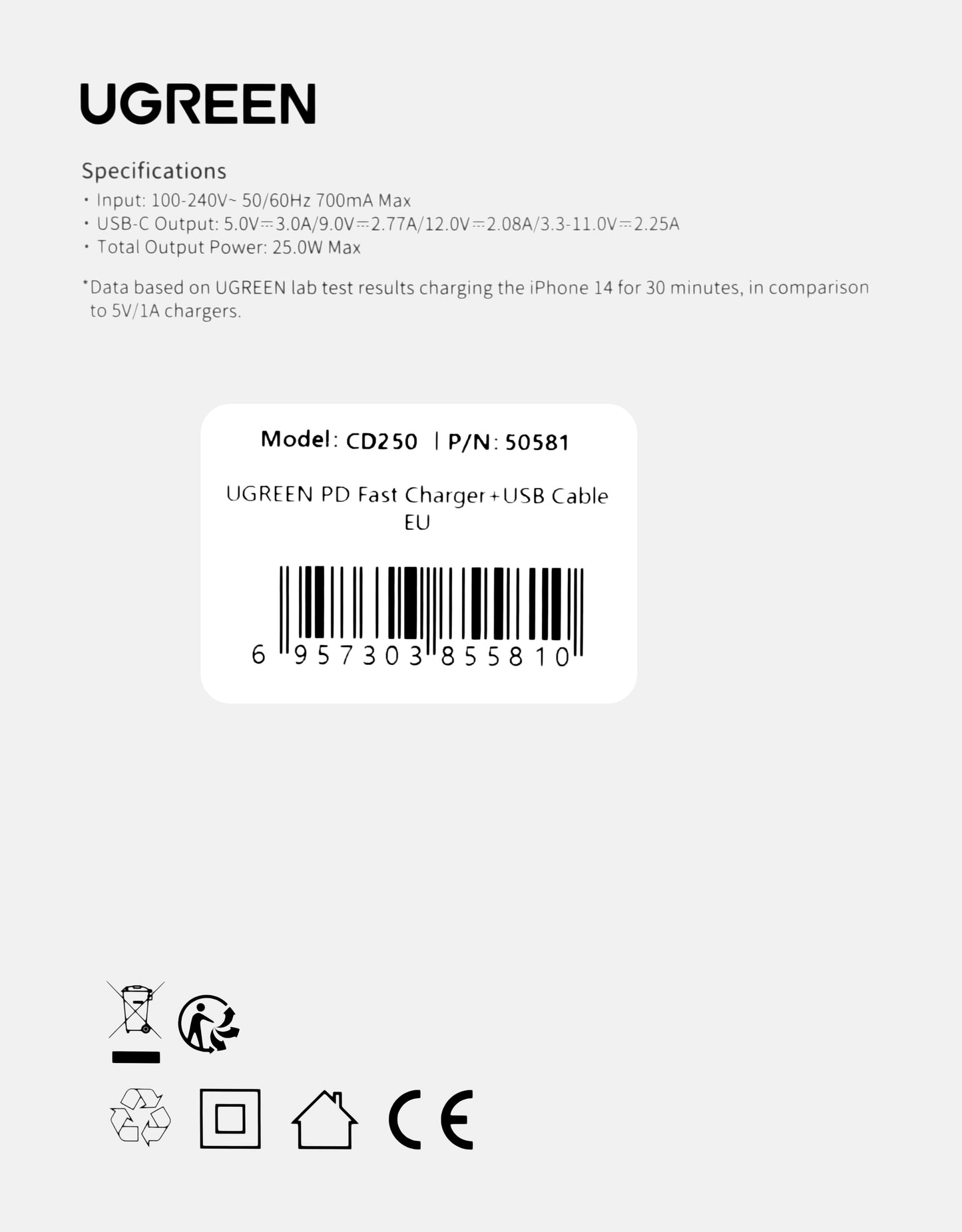 Nettverkslader med USB-C-kabel UGREEN CD250, 25W, 3A, 1 x USB-C, svart