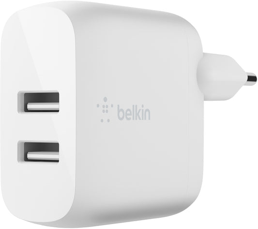 Nettlader med USB-C-kabel Belkin BoostCharge Dual, 24W, 2,4A, 2 x USB-A, hvit WCE001vf1MWH