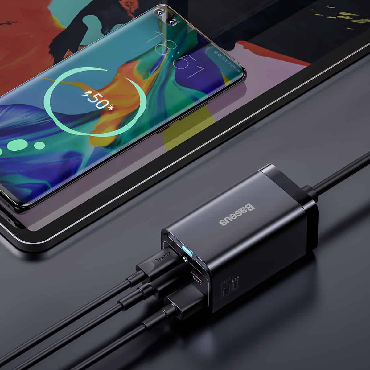 Baseus GaN3 Pro ladestasjon, 65W, 3A, 2 x USB-A - 2 x USB-C, Svart CCGP040101
