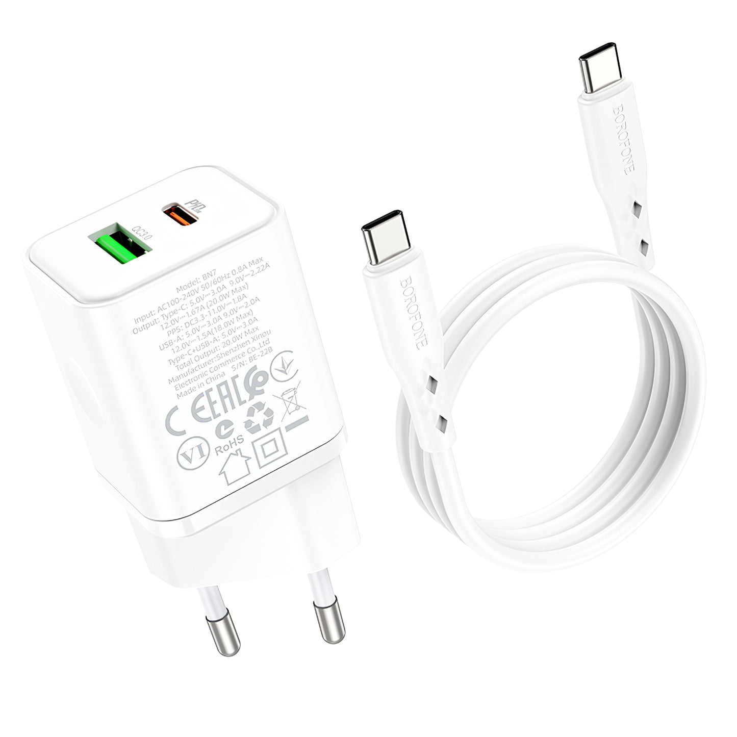 Nettverkslader med USB-C-kabel USB-C Borofone BN7, 20W, 3A, 1 x USB-A - 1 x USB-C, hvit