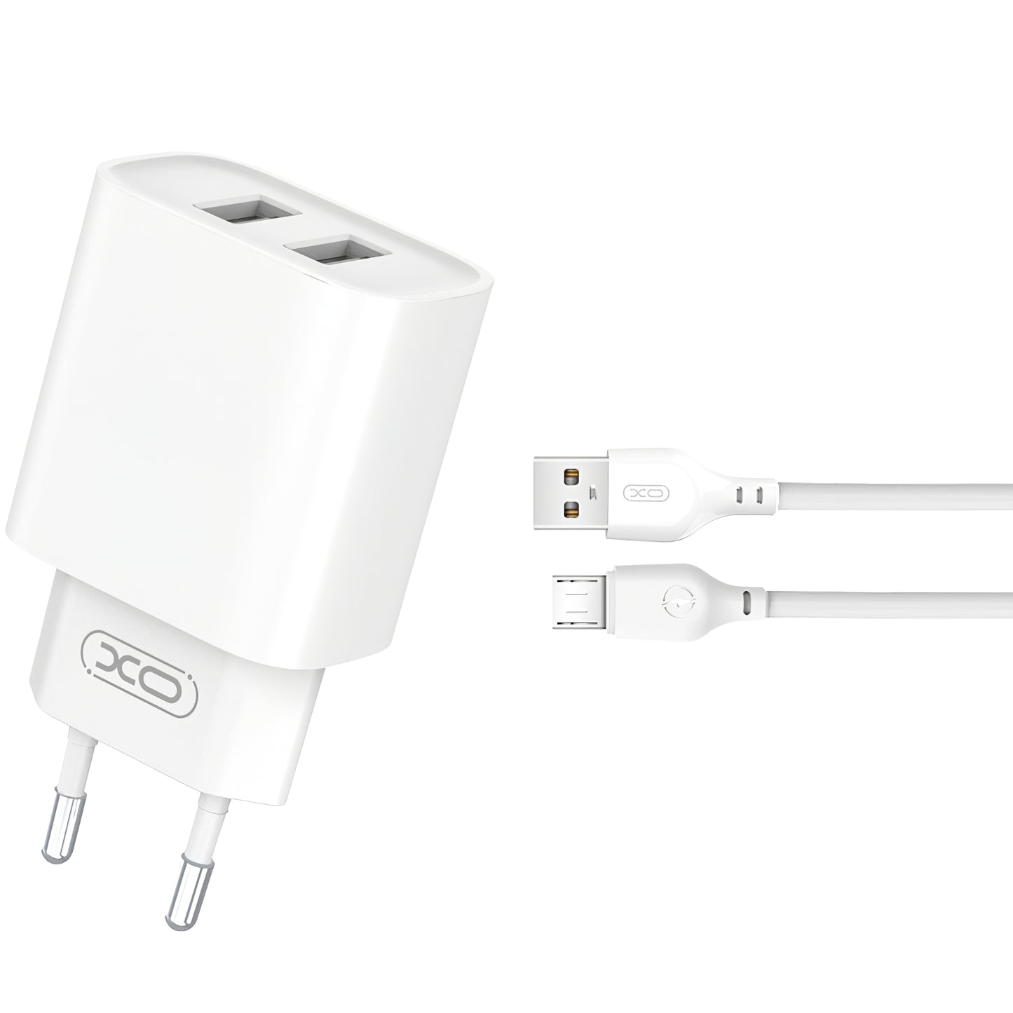 Nettverkslader med microUSB-kabel XO Design CE02C, 10,5 W, 2,1 A, 2 x USB-A, hvit