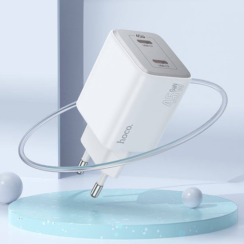 Nettverkslader med lynkabel HOCO N42, 45W, 3A, 2 x USB-C, hvit