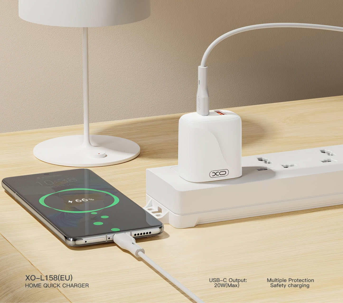 Nettlader med USB-C-kabel XO Design L158, 20W, 3A, 1 x USB-A - 1 x USB-C, Hvit