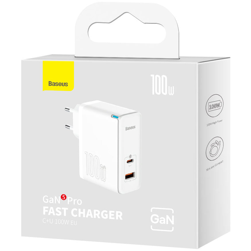 Nettlader med USB-C-kabel Baseus GaN5 Pro, 100W, 3A, 1 x USB-A - 1 x USB-C, Hvit CCGP090202