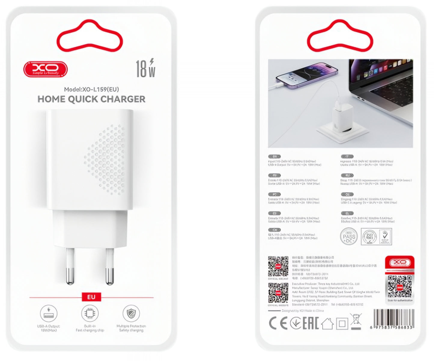 Nettlader med microUSB-kabel XO Design L159, 18W, 3A, 1 x USB-A, Hvit