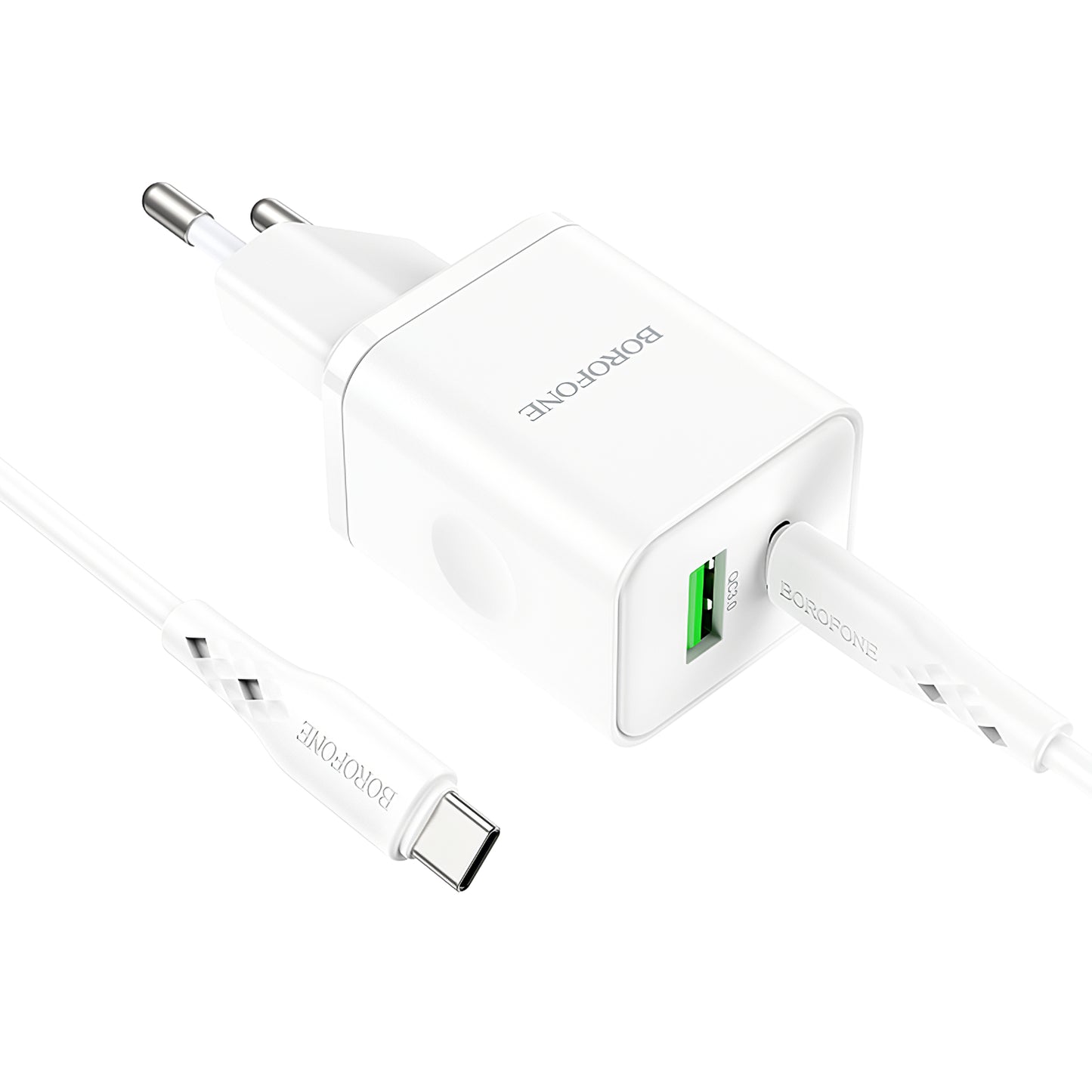 Nettverkslader med USB-C-kabel USB-C Borofone BN7, 20W, 3A, 1 x USB-A - 1 x USB-C, hvit