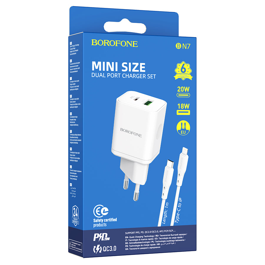 Nettlader med Lightning-kabel Borofone BN7, 20W, 3A, 1 x USB-A - 1 x USB-C, Hvit