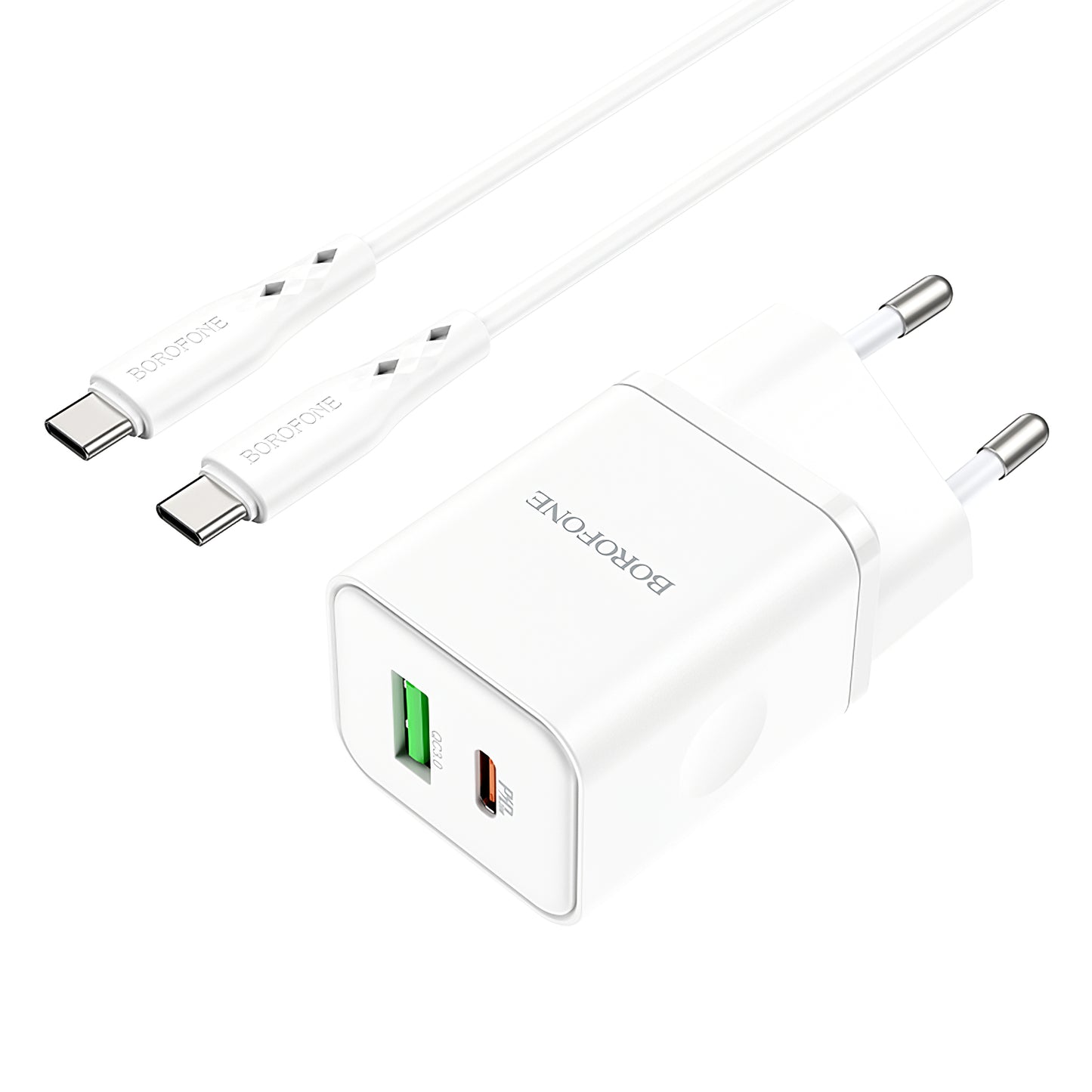 Nettverkslader med USB-C-kabel USB-C Borofone BN7, 20W, 3A, 1 x USB-A - 1 x USB-C, hvit