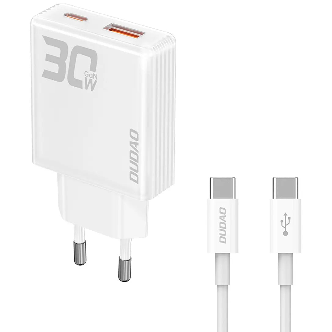 Dudao A30EUT USB-C-nettverkslader med kabel, 30 W, 3A, 1 x USB-A - 1 x USB-C, hvit