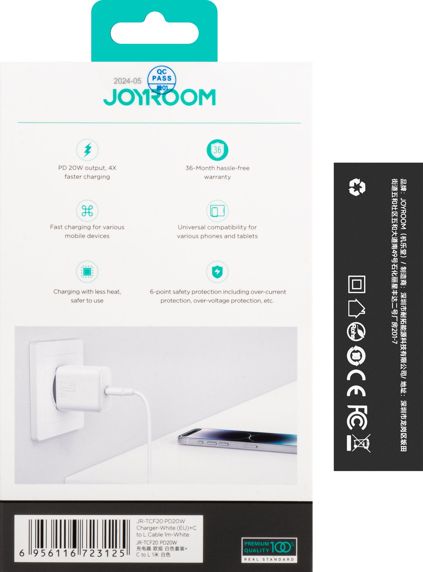 Nettlader med Lightning-kabel Joyroom JR-TCF20, 20W, 3A, 1 x USB-C, Hvit