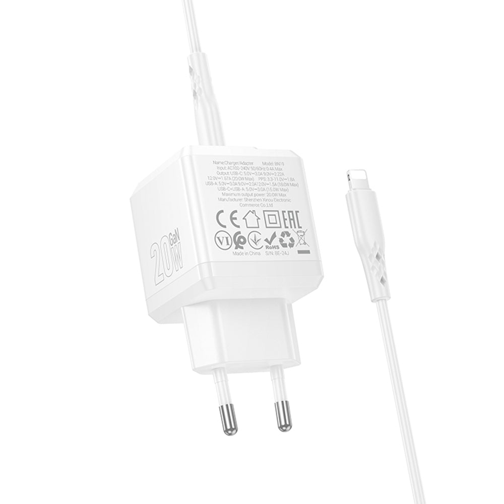 Nettlader med Lightning-kabel Borofone BN19 Intenso, 20W, 3A, 1 x USB-A - 1 x USB-C, Hvit