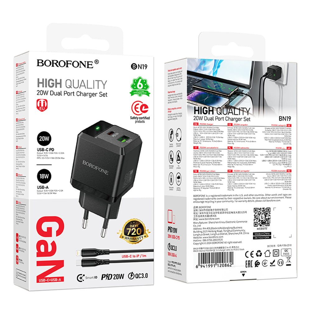 Nettlader med Lightning-kabel Borofone BN19 Intenso, 20W, 3A, 1 x USB-A - 1 x USB-C, Svart