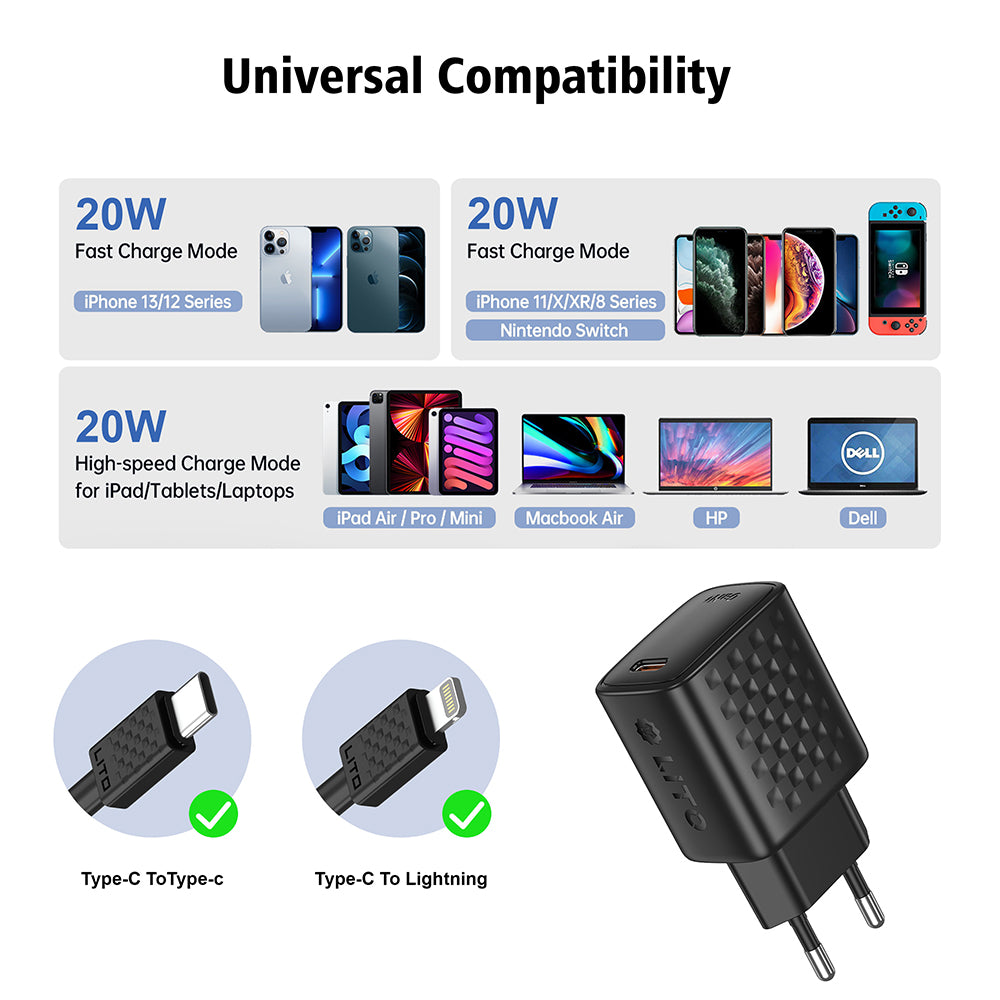Nettlader med Lightning-kabel Lito LC13L, 20W, 3A, 1 x USB-C, Svart