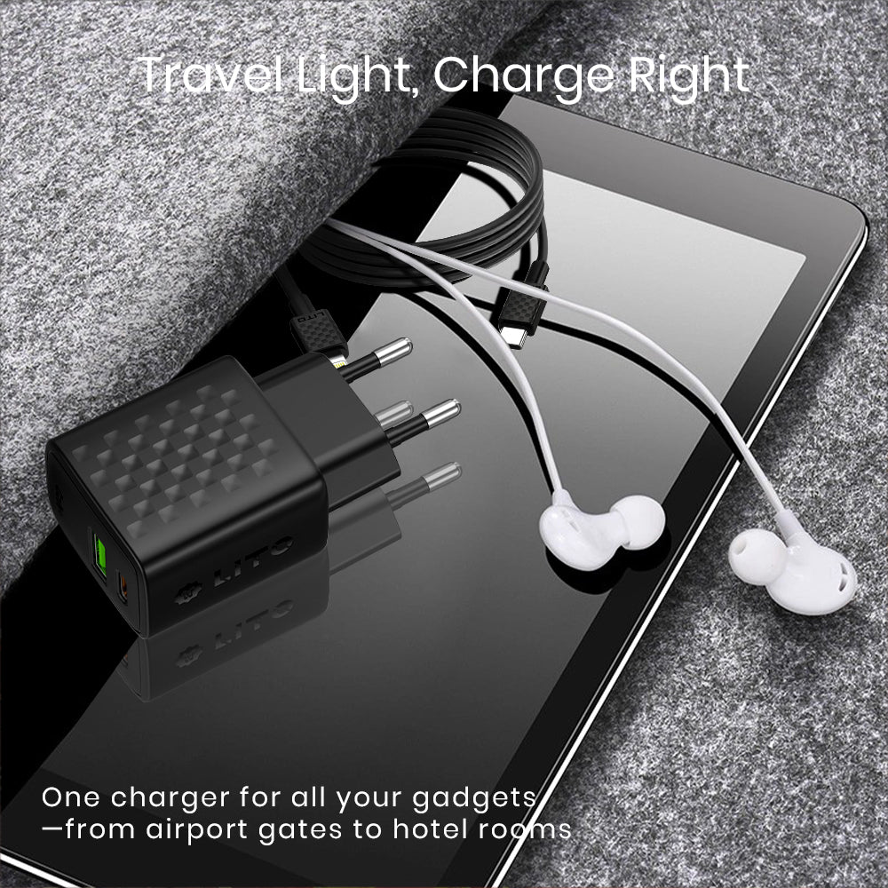 Nettlader med Lightning-kabel Lito LC15L, 20W, 3A, 1 x USB-A - 1 x USB-C, Svart