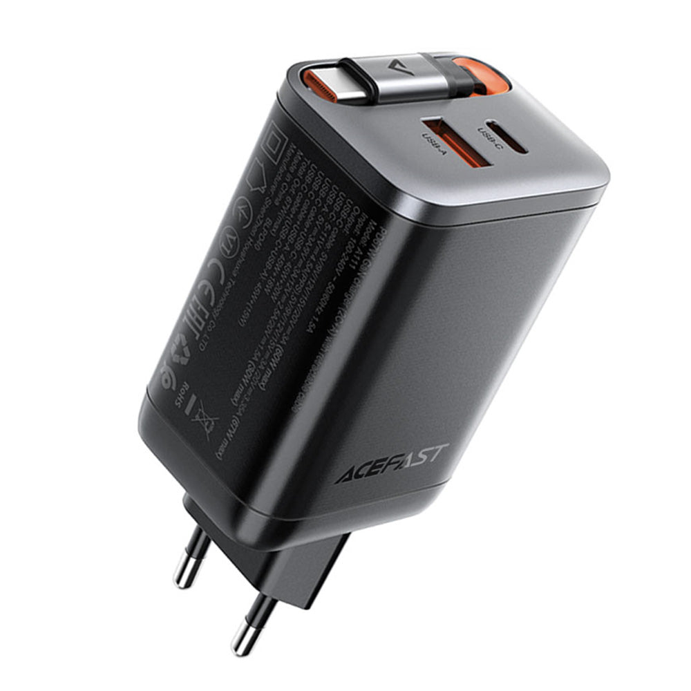 Nettlader med USB-C-kabel Acefast A111, 67W, 3A, 1 x USB-A - 1 x USB-C, Svart