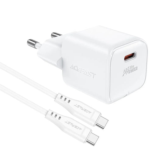 Nettlader med USB-C-kabel Acefast A77, 30W, 3A, 1 x USB-C, Hvit