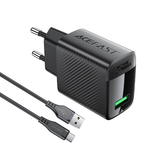 Nettlader med USB-C-kabel Acefast A90, 18W, 3A, 1 x USB-A, Svart