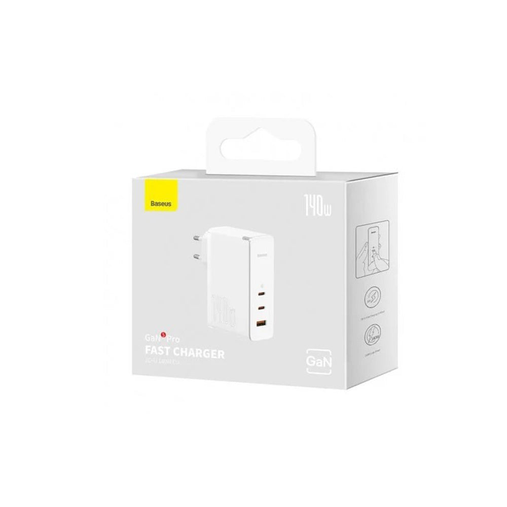 Nettlader med USB-C-kabel Baseus GaN5 Pro, 140W, 5A, 1 x USB-A - 2 x USB-C, Hvit CCGP100202