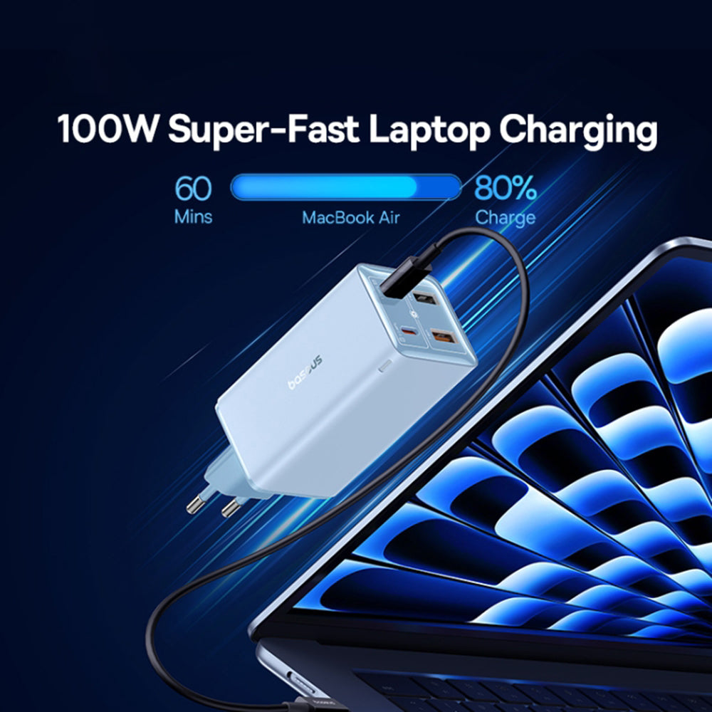 Nettlader med USB-C-kabel Baseus GaN6 Pro, 100W, 3.25A, 2 x USB-A - 2 x USB-C, Blå P10162705312-00