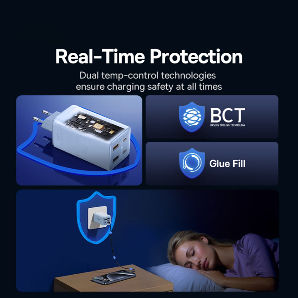 Nettlader med USB-C-kabel Baseus GaN6 Pro, 100W, 3.25A, 2 x USB-A - 2 x USB-C, Blå P10162705312-00