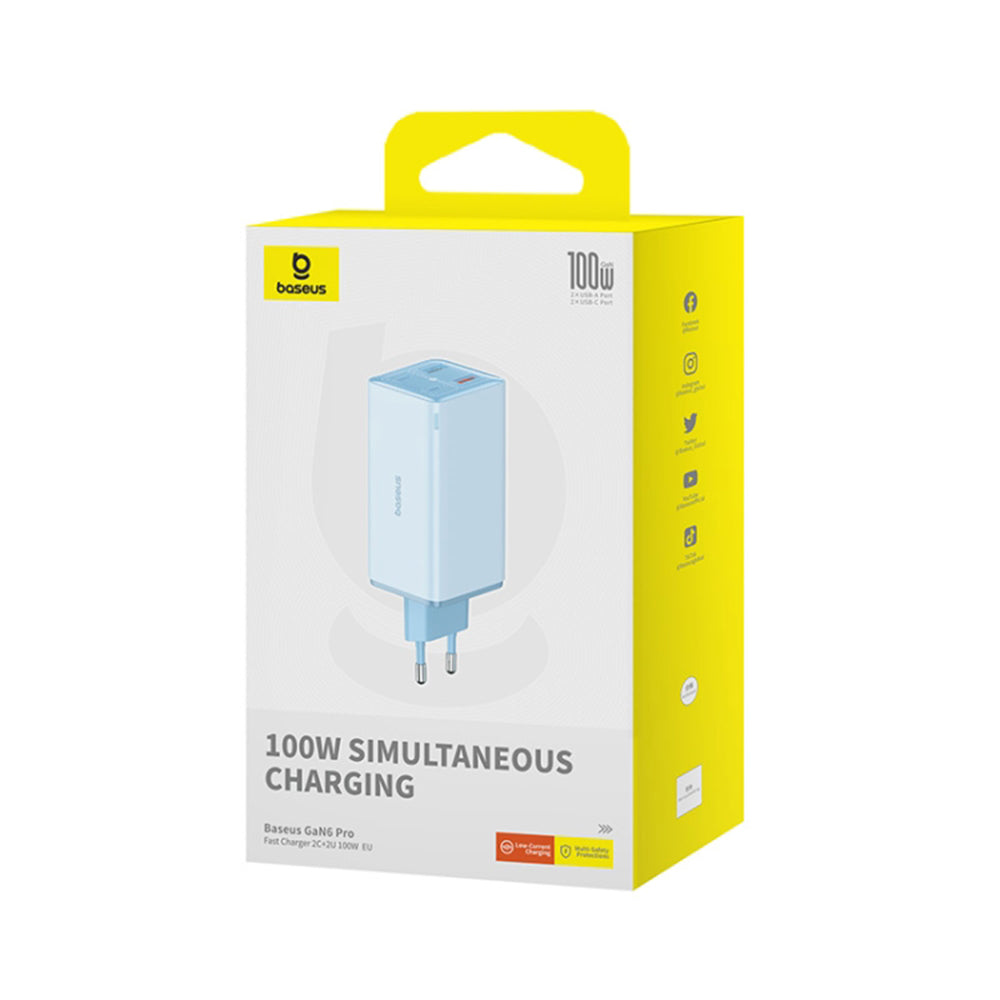Nettlader med USB-C-kabel Baseus GaN6 Pro, 100W, 3.25A, 2 x USB-A - 2 x USB-C, Blå P10162705312-00