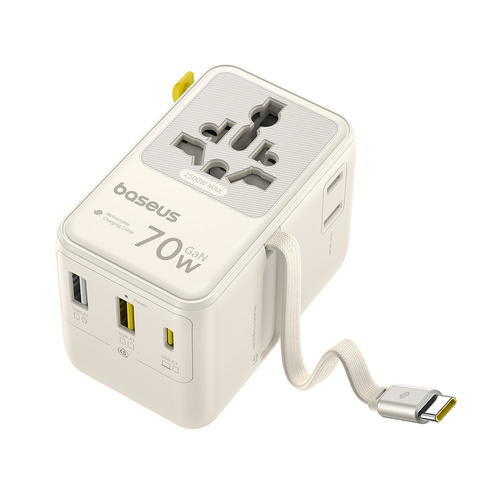 Nettlader med USB-C-kabel Baseus Travel EnerCore CG11, 70W, 2 x stikkontakt - 1 x USB-C - 2 x USB-A, hvit E0307E01