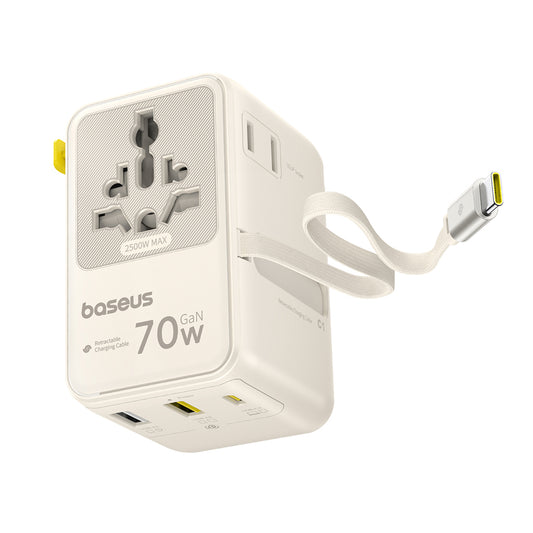 Nettlader med USB-C-kabel Baseus Travel EnerCore CG11, 70W, 2 x stikkontakt - 1 x USB-C - 2 x USB-A, hvit E0307E01