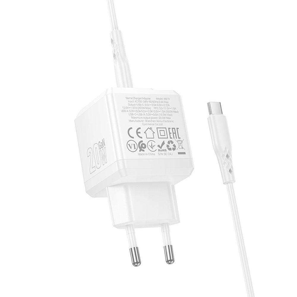 Nettlader med USB-C-kabel Borofone BN19 Intenso, 20W, 3A, 1 x USB-A - 1 x USB-C, Hvit