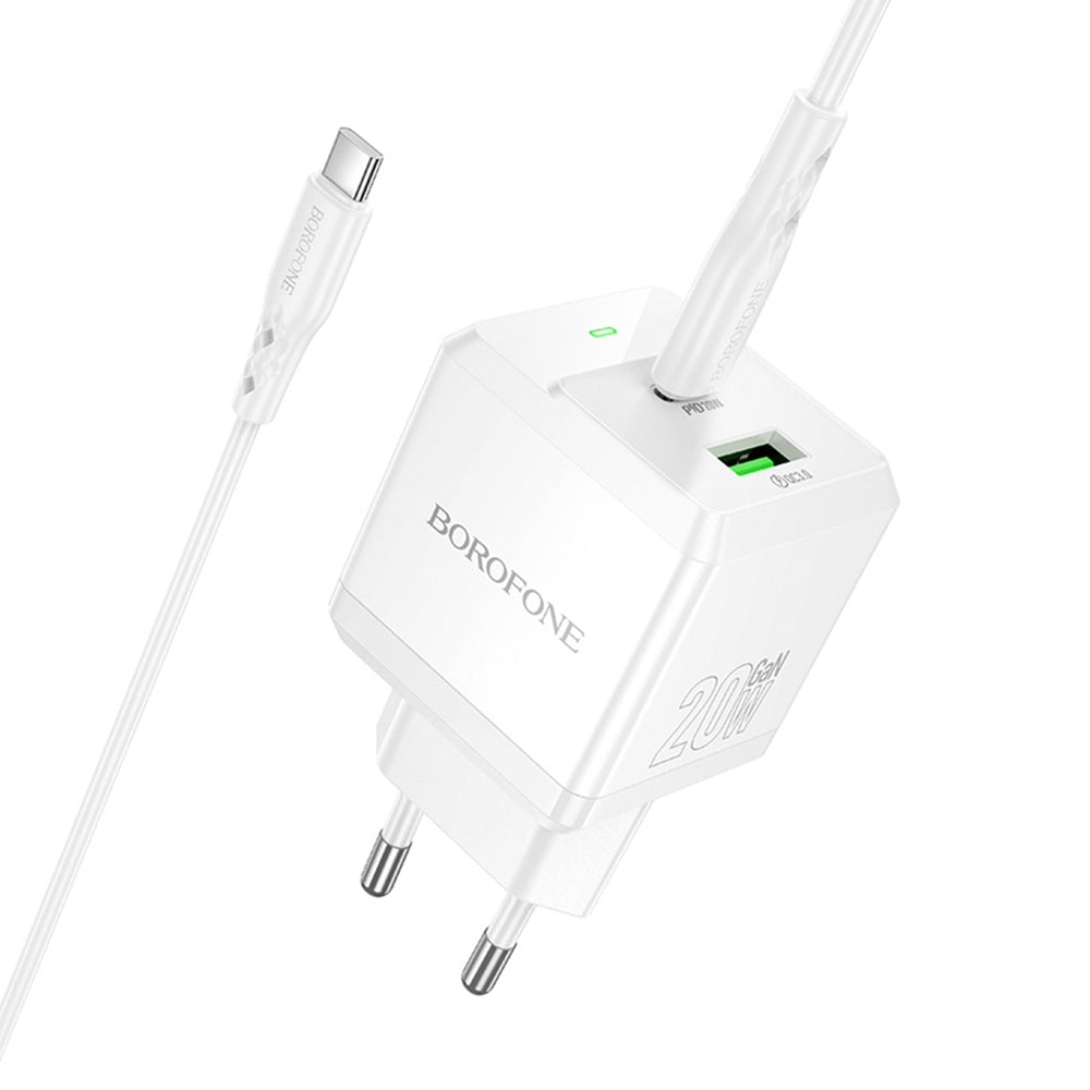 Nettlader med USB-C-kabel Borofone BN19 Intenso, 20W, 3A, 1 x USB-A - 1 x USB-C, Hvit